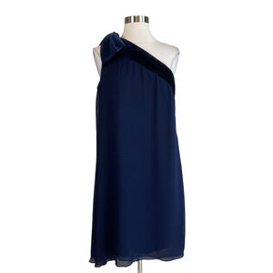 Ralph Lauren Velvet Chiffon One Shoulder Shift Cocktail Dress Navy Blue Size 4